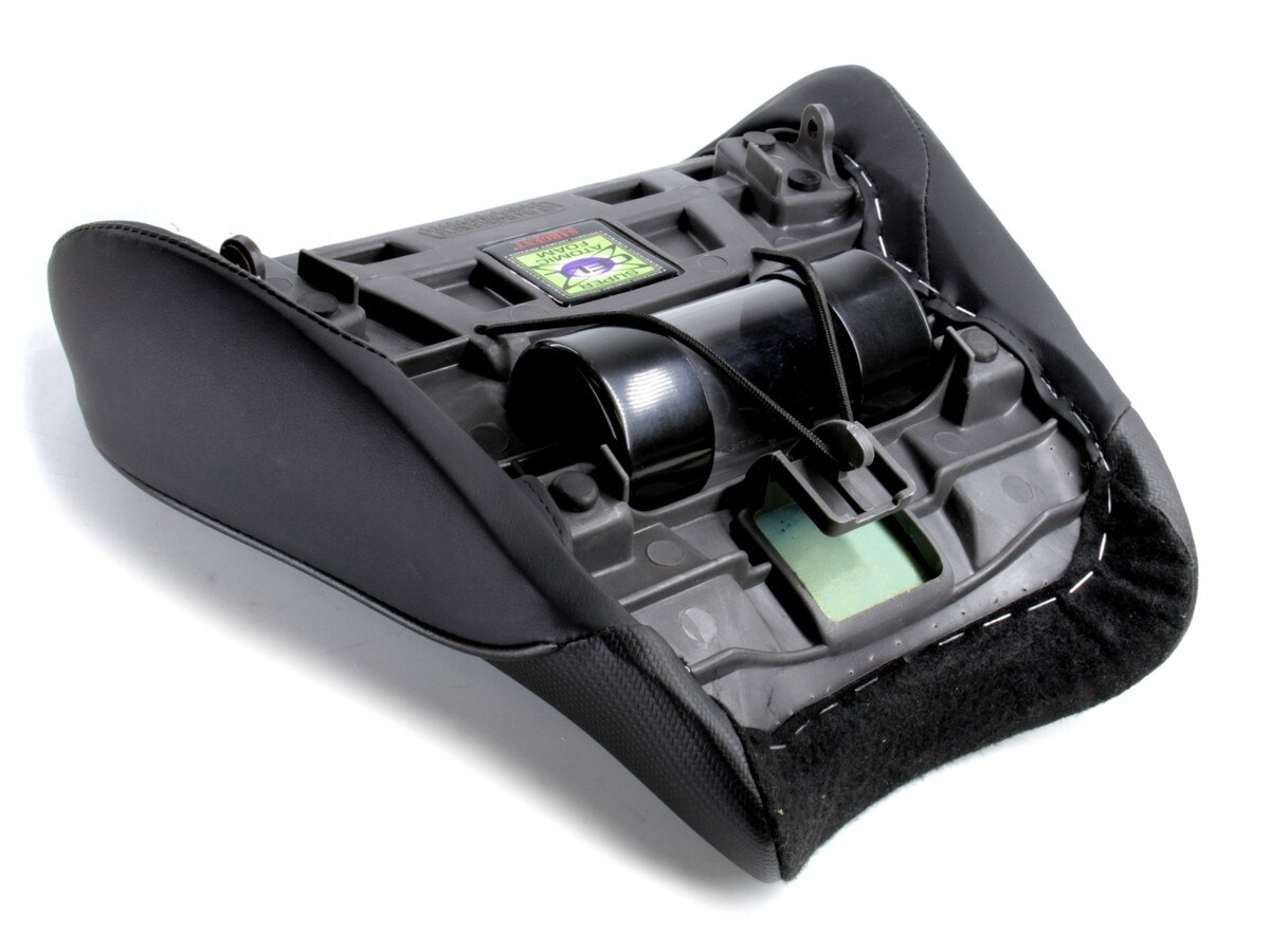 World Sport Performance Motorcycle Seat for the Honda CBR 929 all black unser the seat storage.
